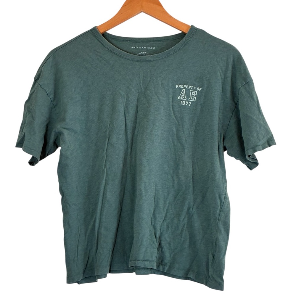 American Eagle | Green AE logo cotton basic crew neck soft casual tee shirt